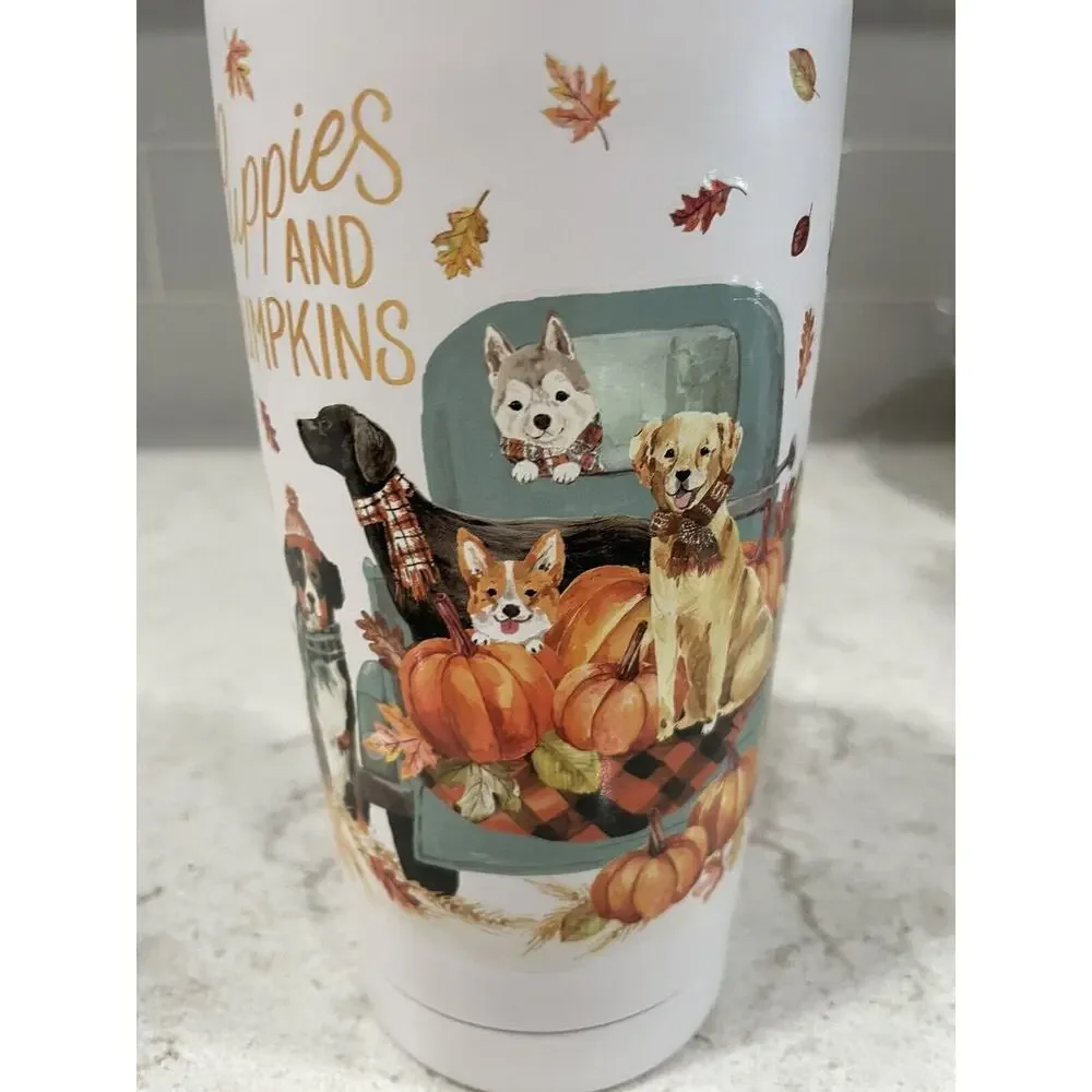 PUPPIES & PUMPKINS Fall Dogs Steel Tumbler Golden Retriever Corgi Husky Labrador